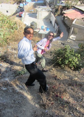Friends on dirt path