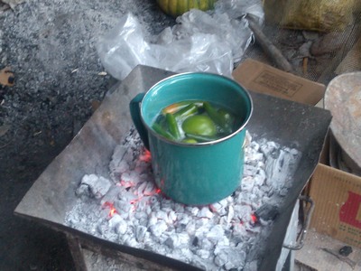 Cooking pepers for salsa, Cooking tortillas, Outdoor Kitchen (cocina), Teloloapan, Mexico
