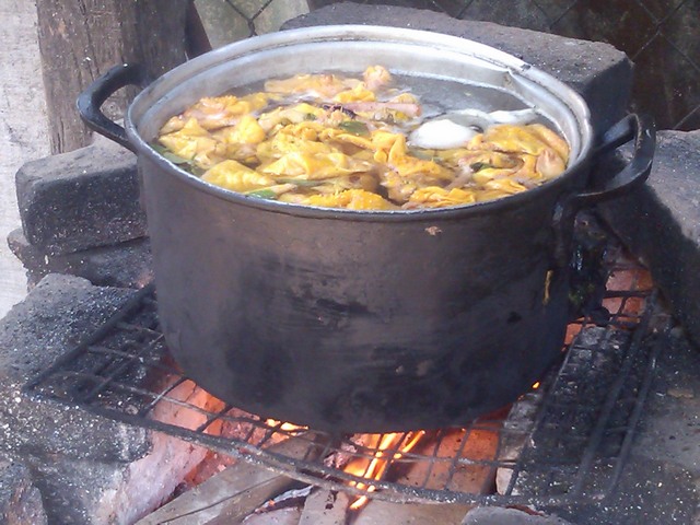 Chicken cooking on a wood fire, Family compound, Ocotito, Mexico